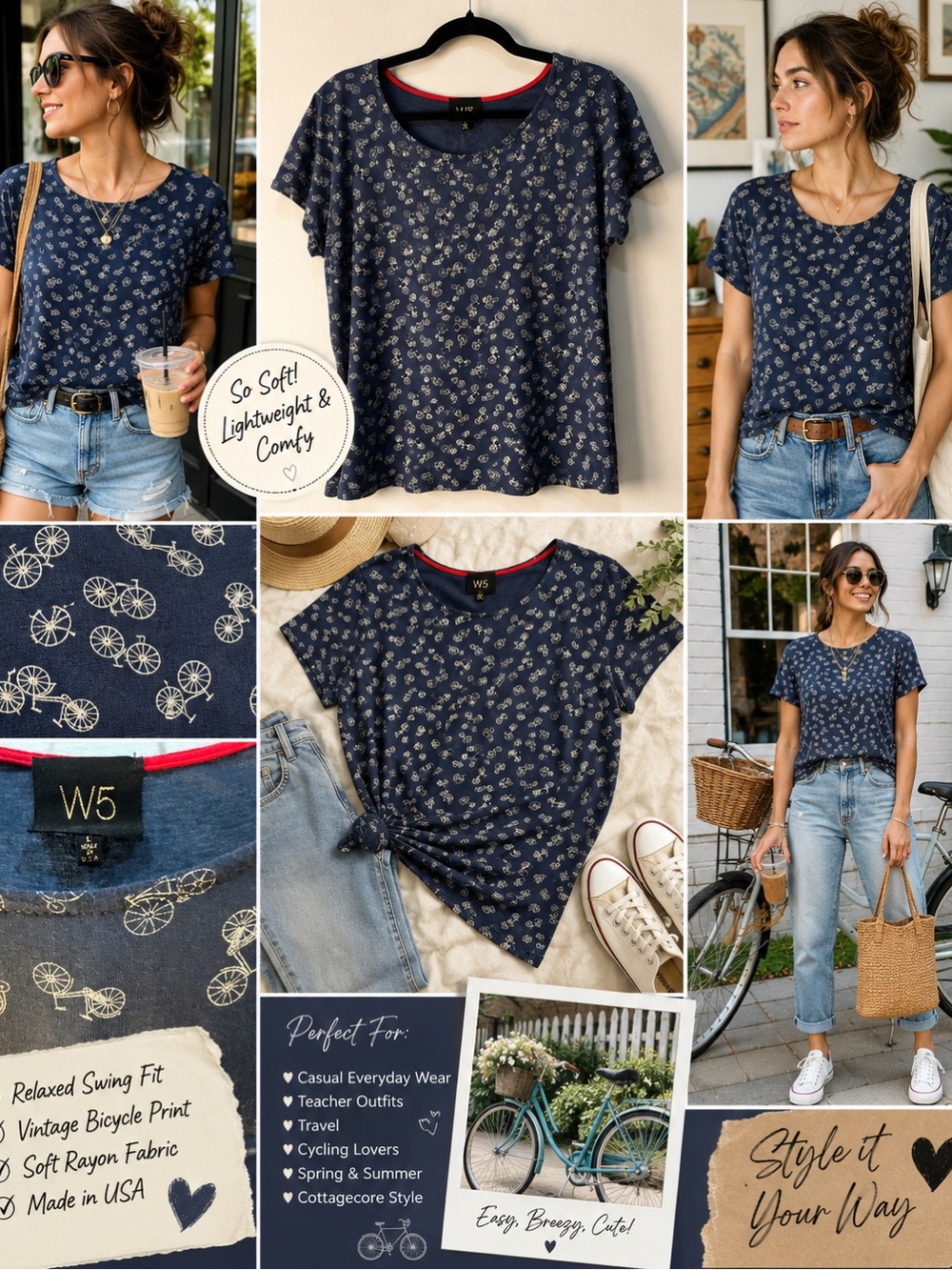 W5 Shirt Large Navy Blue Bicycle Swing Cottagecore Casual USA Novelty Y2K Blouse
